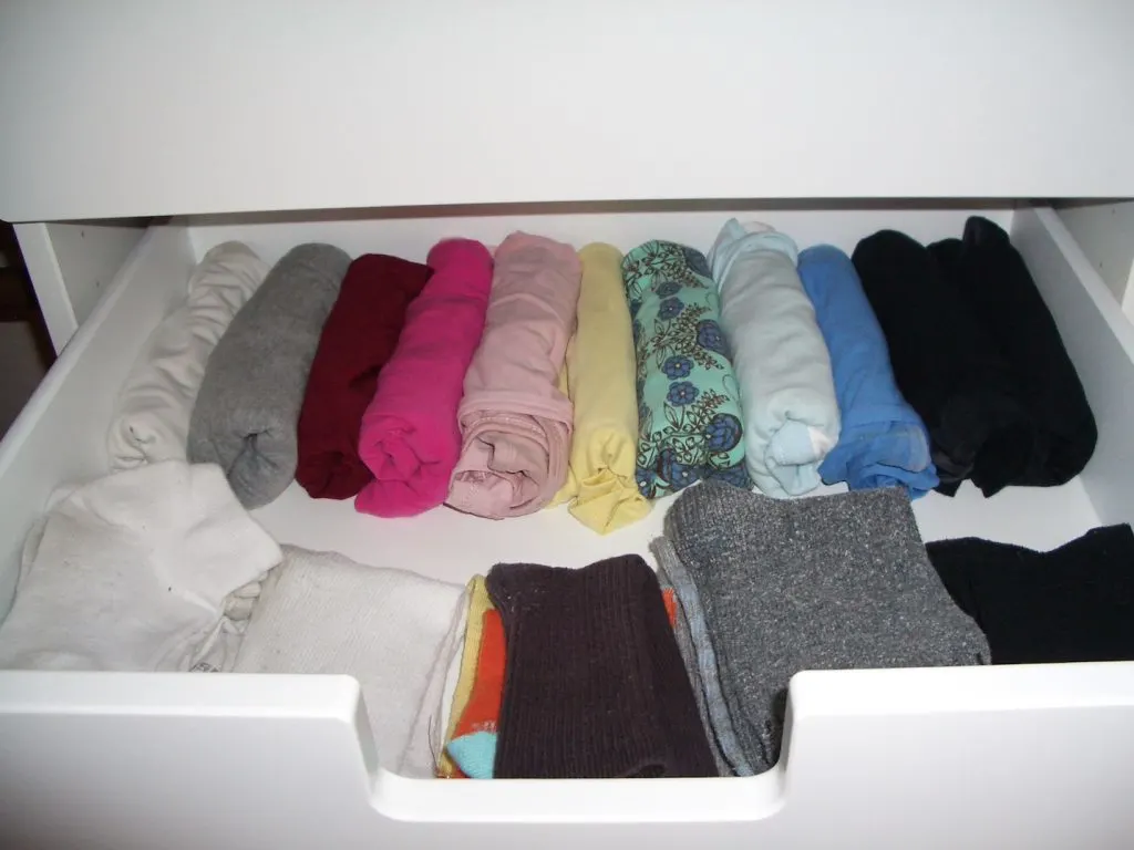 camisoles rolled up in drawer