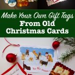 DIY gift toppers made from old Christmas cards with Pinterest text overlay