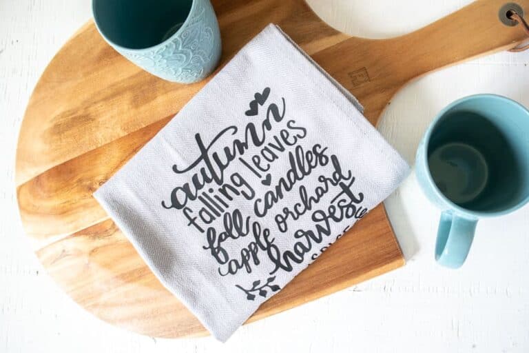 tea towel with iron on vinyl transfer