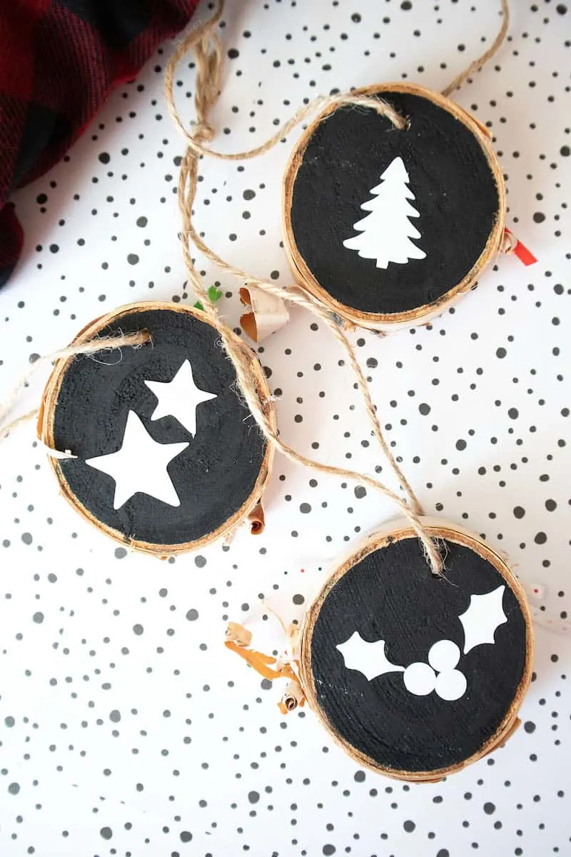 Lettered wood slice ornaments with black paint