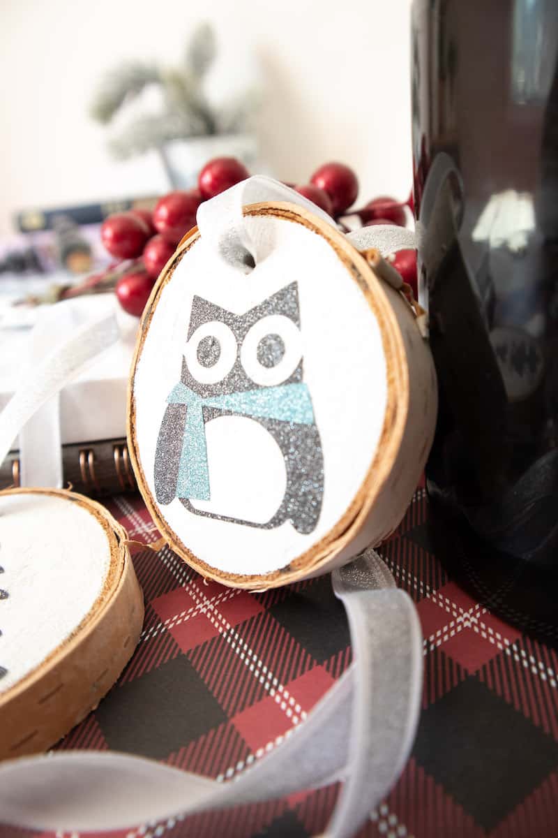 Glitter vinyl Owl wood slices on plaid background