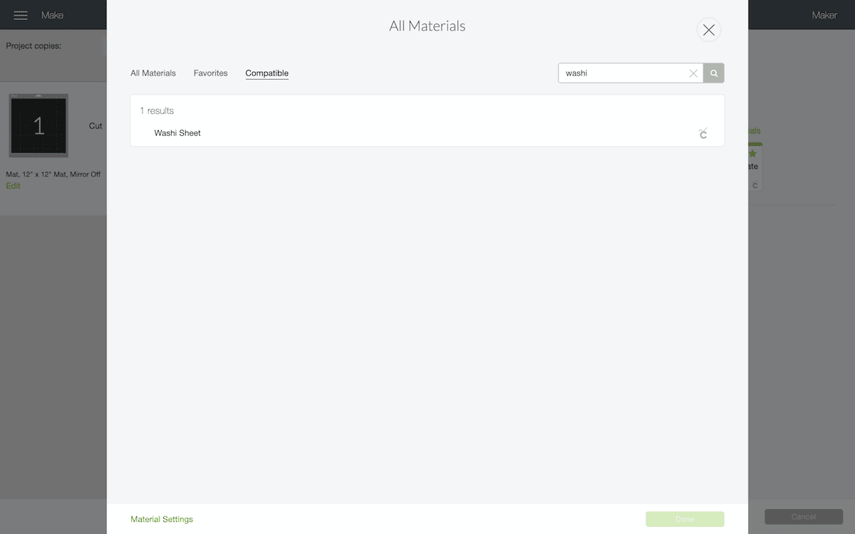 Cricut washi material settings screen