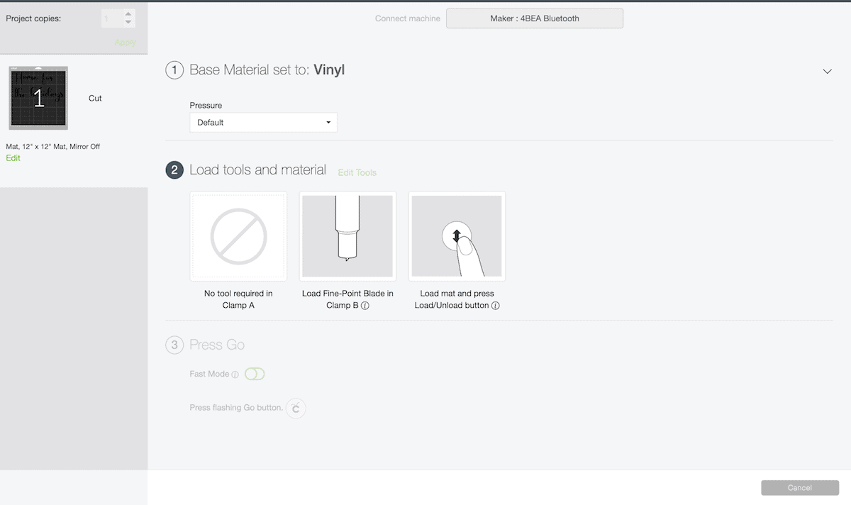 Cricut material settings screen