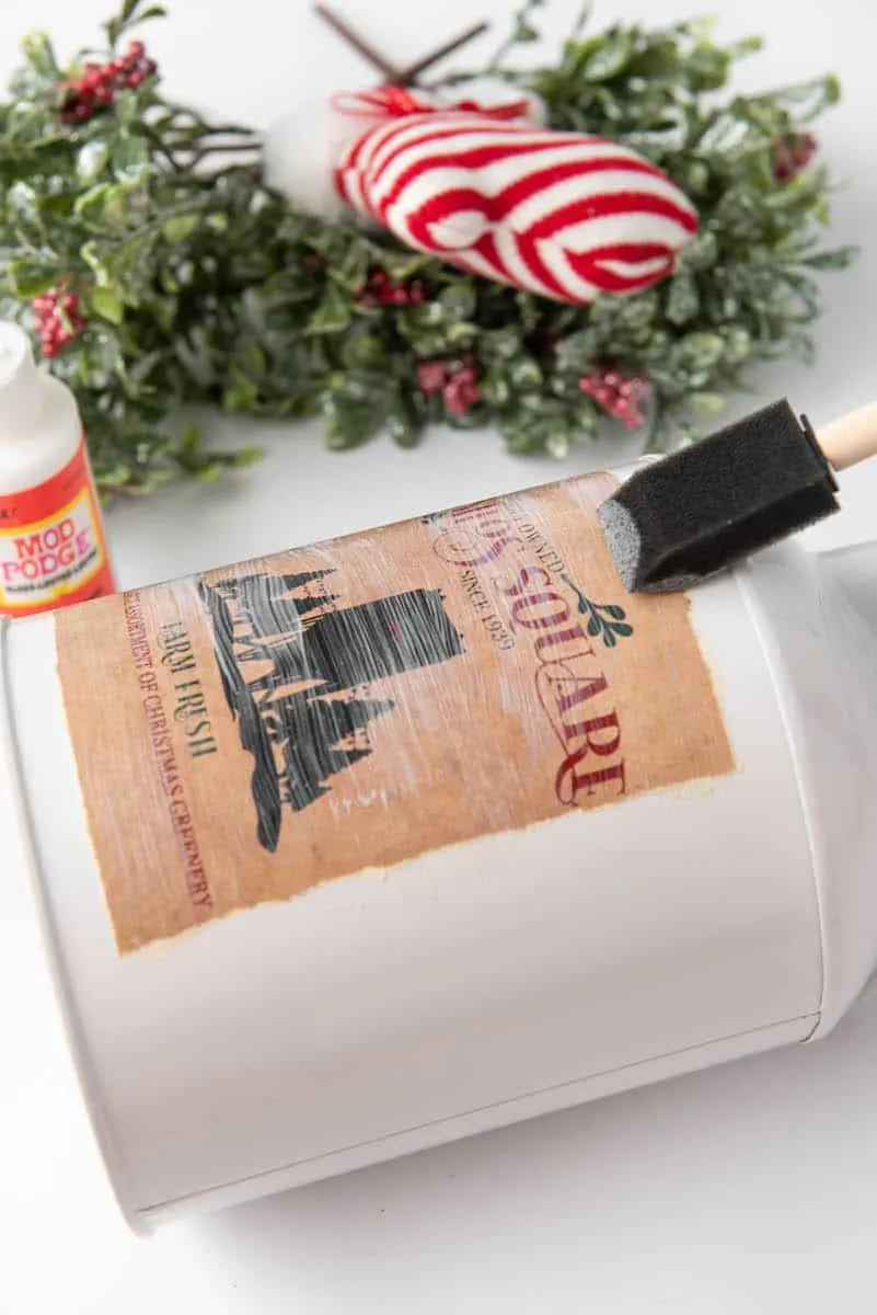 tin jug Mod Podge Christmas decor