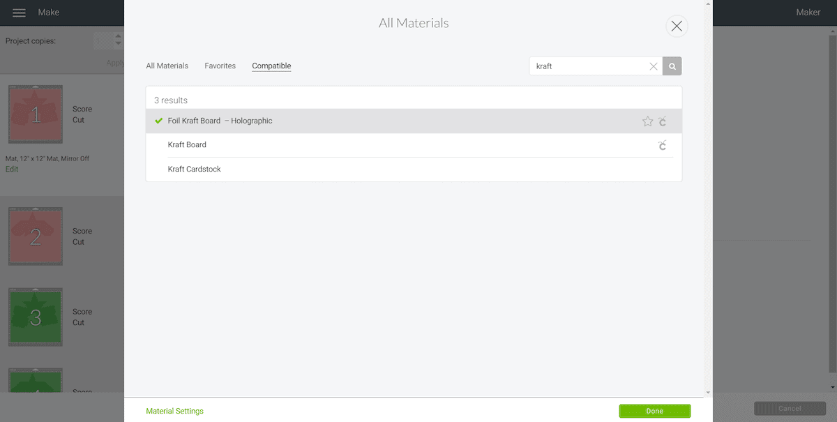 Cricut Design Space Materials Screen Shot