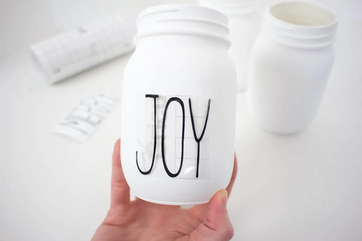 Joy Letters on Transfer Paper on Mason Jar