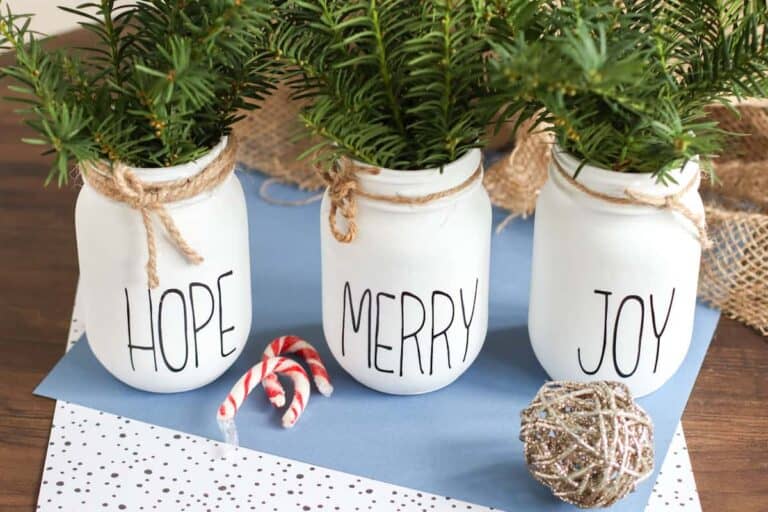 decorated Christmas Mason Jar centerpiece