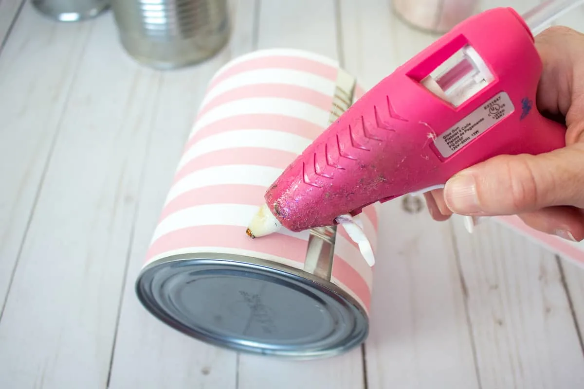 Pink Hot Glue Gun on Tin Can Organizer Craft