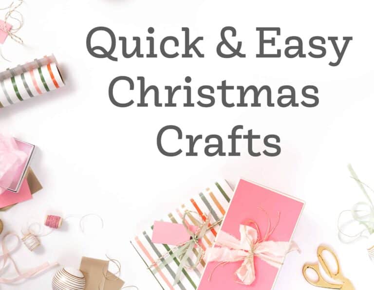 Gift boxes, ribbon, and crafting supplies surround the text “Quick & Easy Christmas Crafts,” highlighting fun, quick and easy Christmas crafts on a white background.