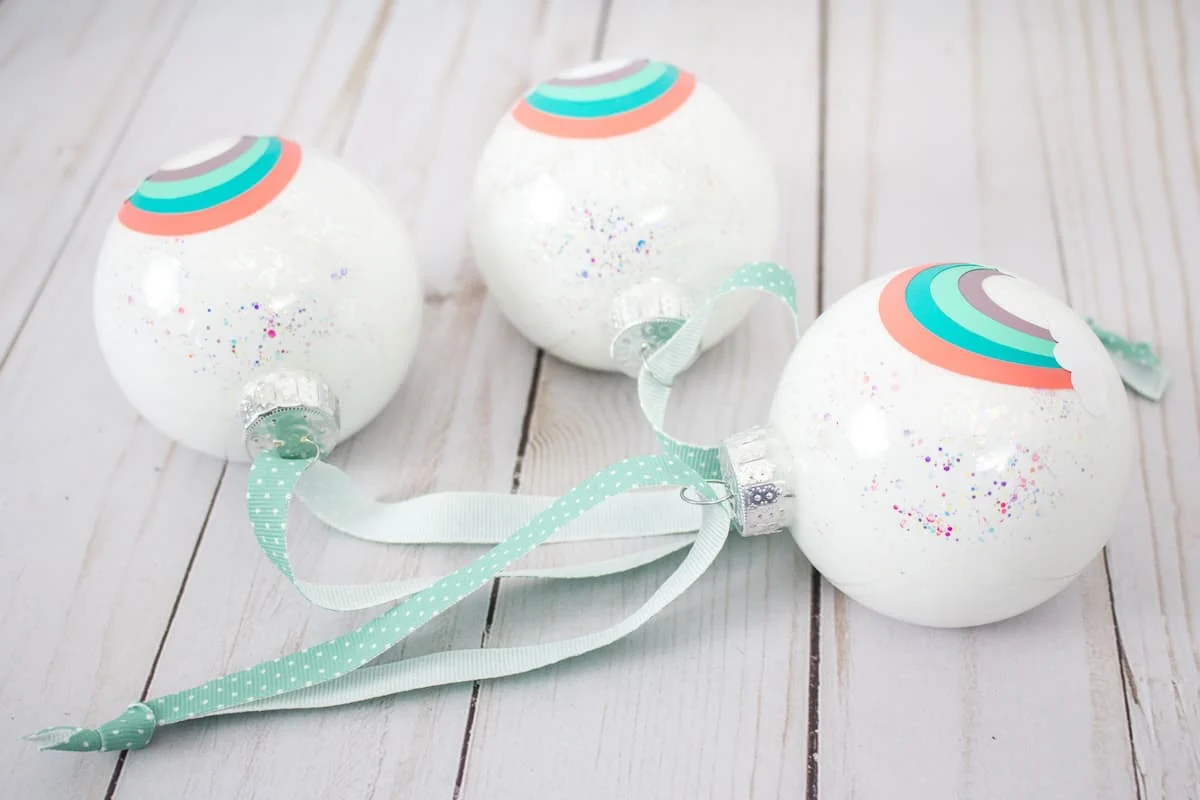 White Rainbow Ornament with Teal Polkadot Ribbon