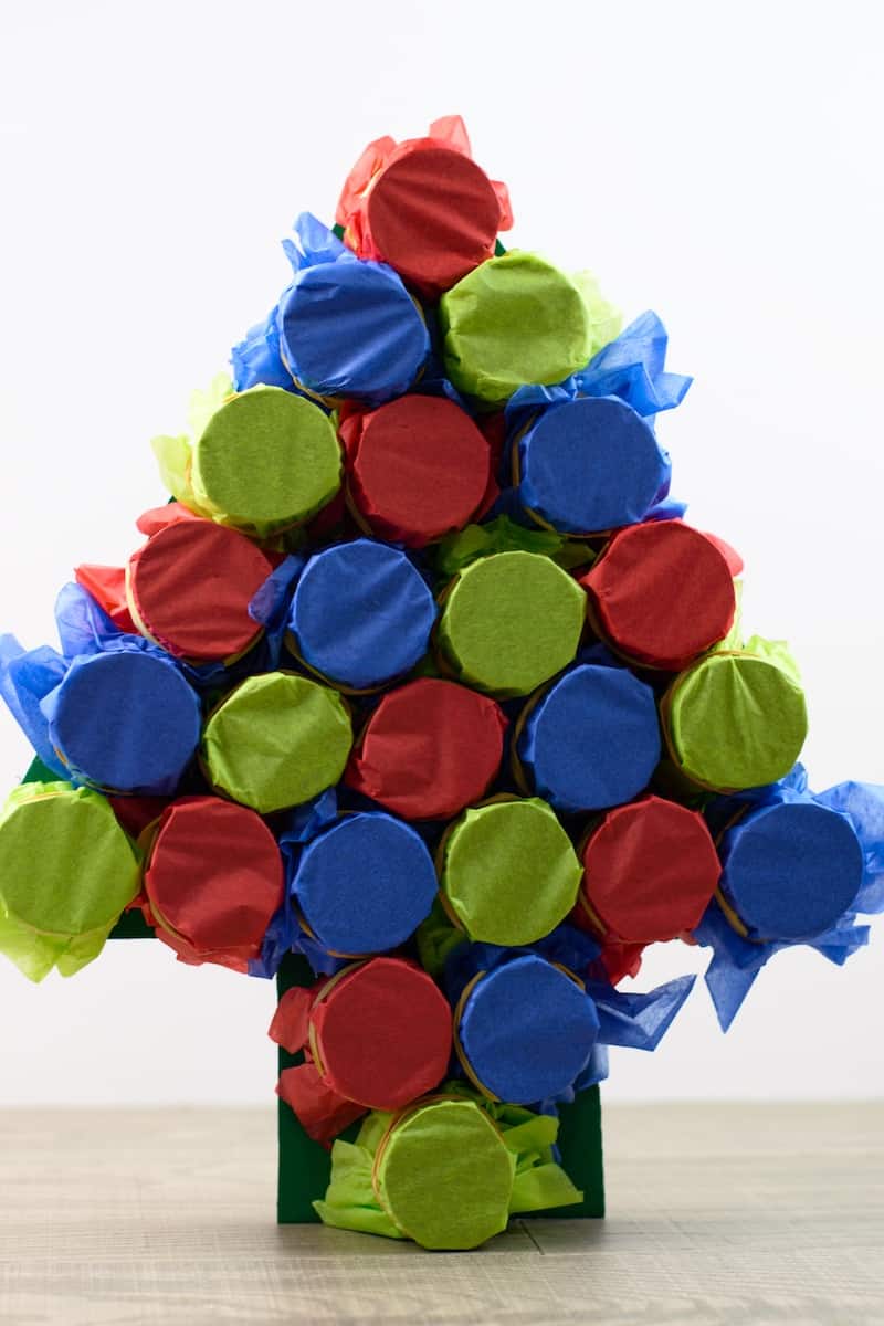 Christmas tree made with paper rolls covered in tissue paper