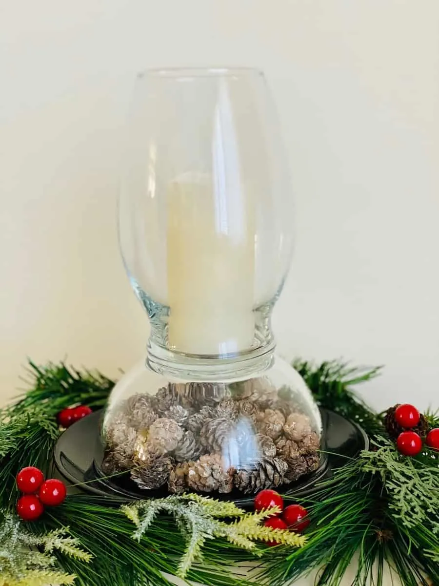 Decorative Hurricane Lamp with Pinecones and Tree Branches