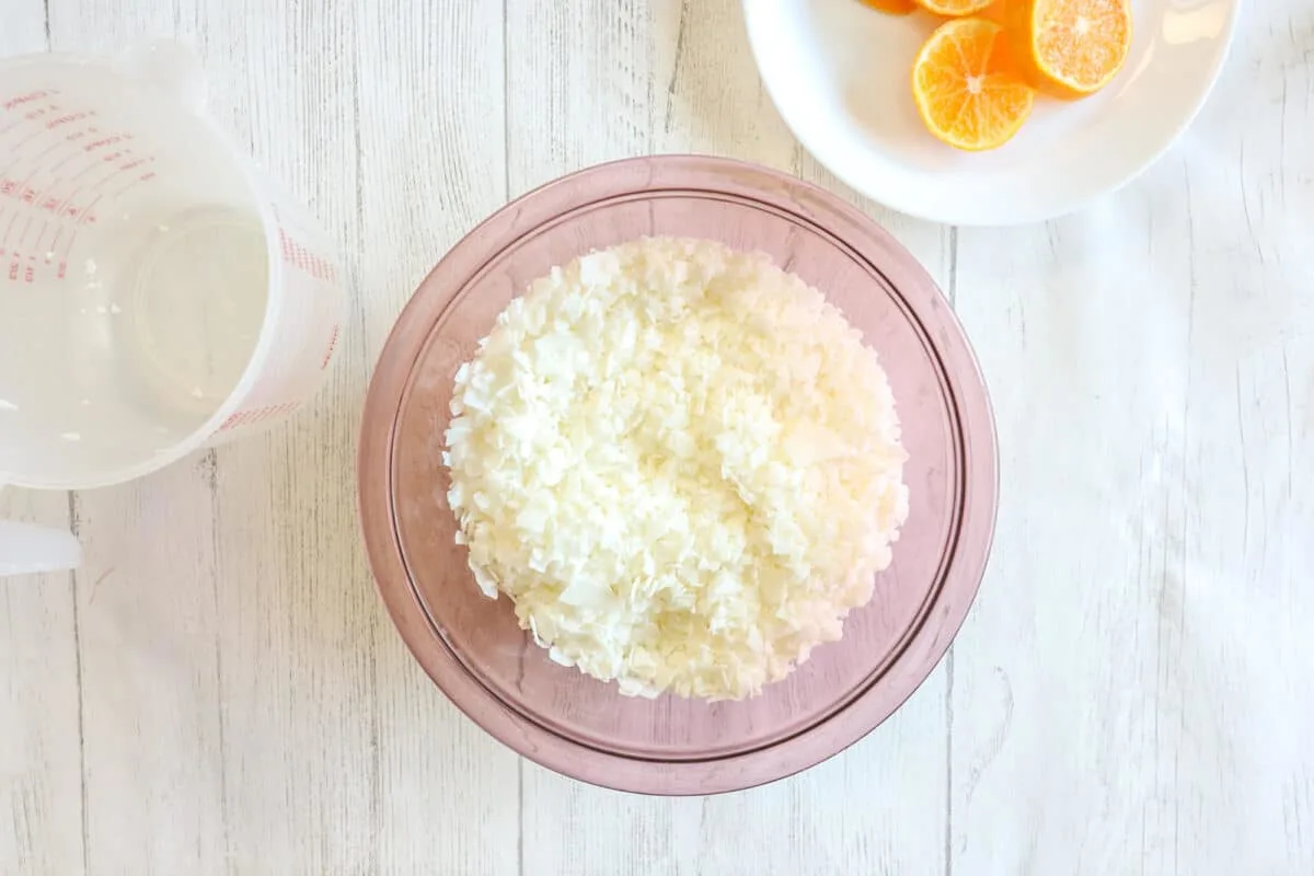 Soy wax flakes in a bowl