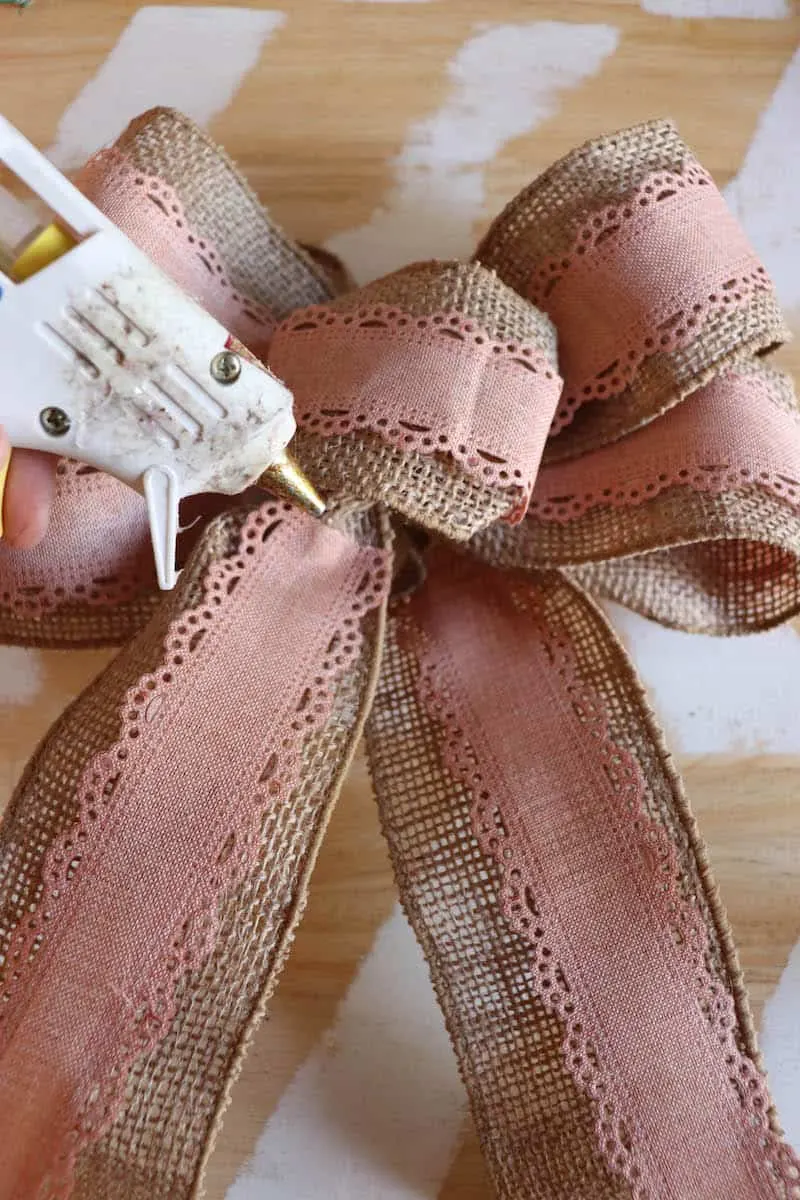 hot glueing burlap ribbon