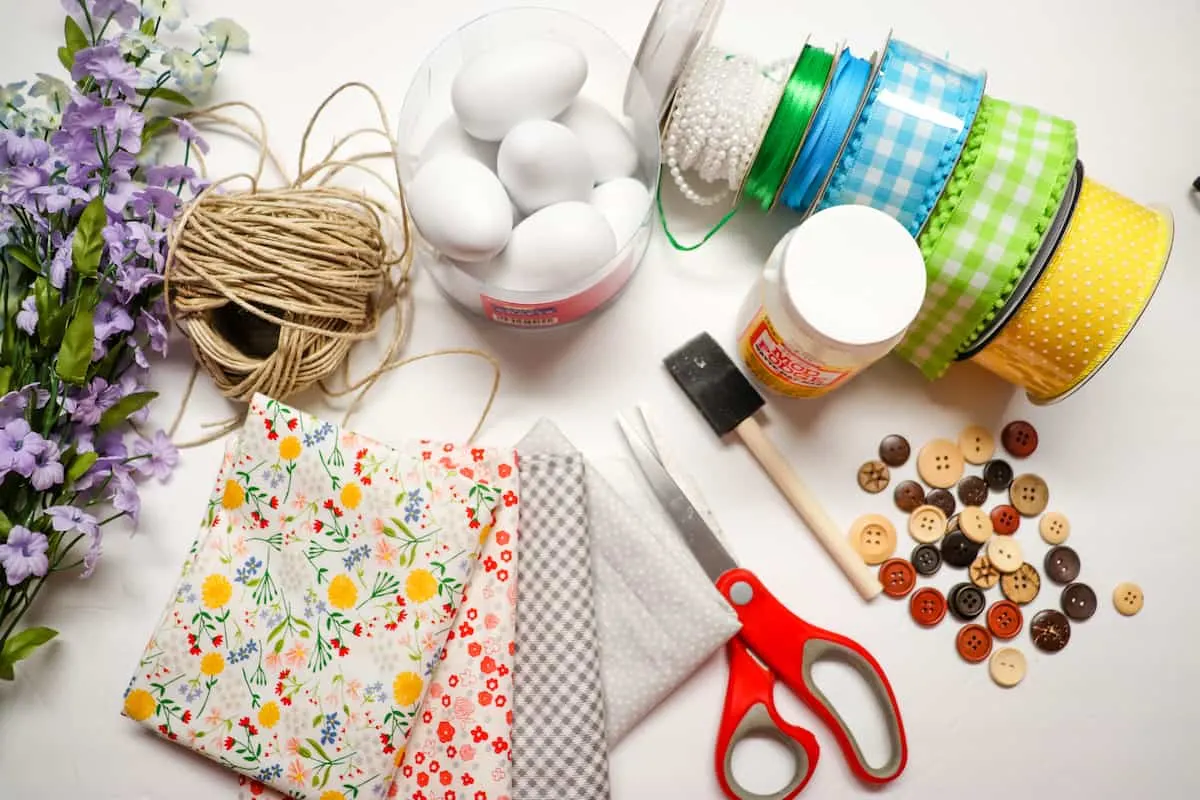 ribbon fabric and twine on craft table