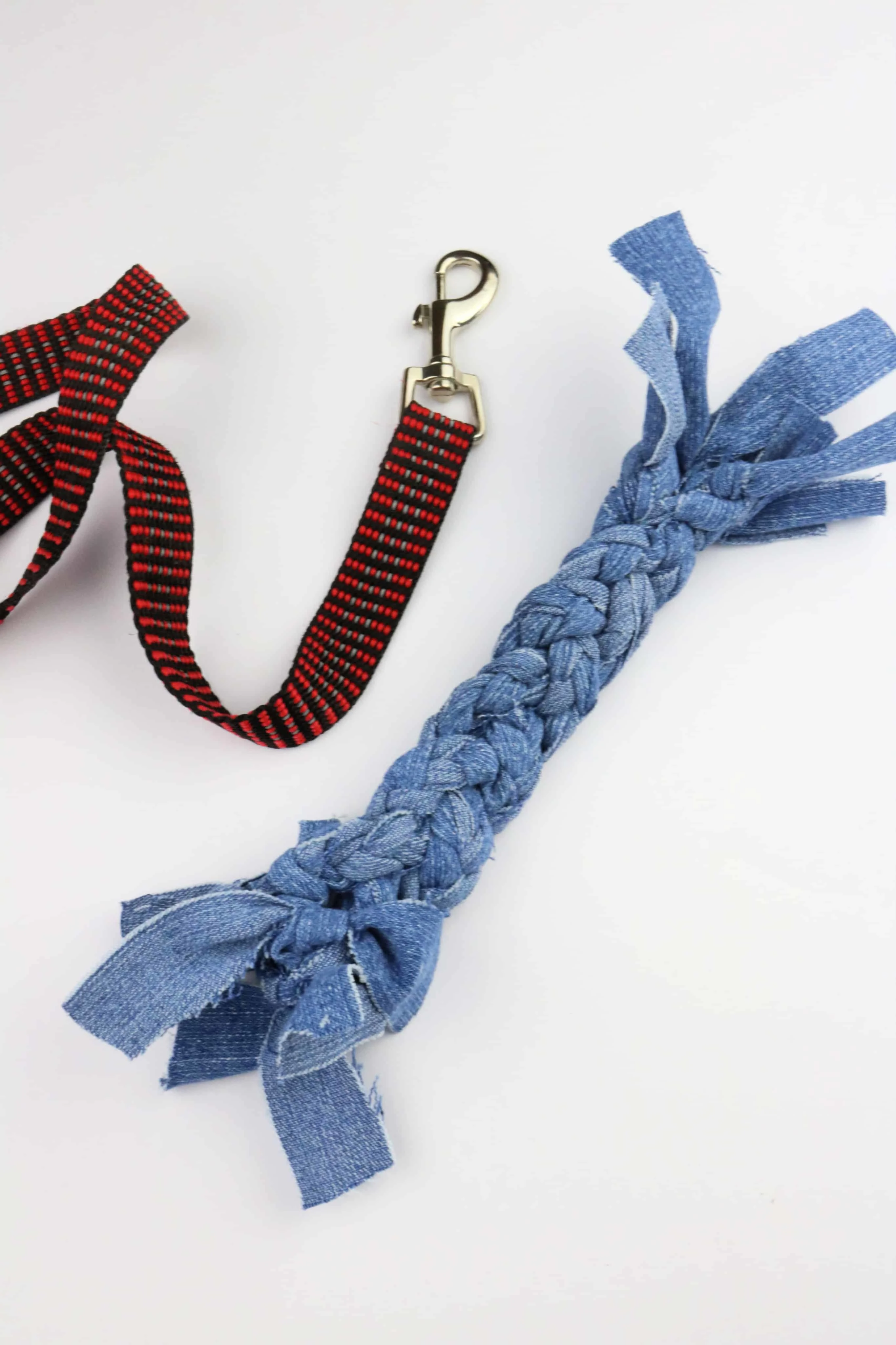 handmade Denim Dog Toy with leash on white background