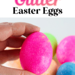 A hand holding a diy glitter-covered Easter egg with a guide on how to make glitter Easter eggs, from singlegirlsdiy.com.