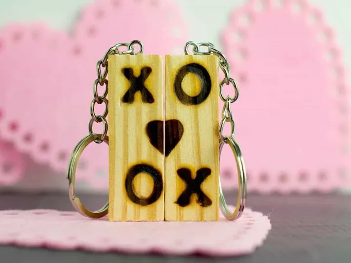tumbling towers Block Keychain with wood burned letters