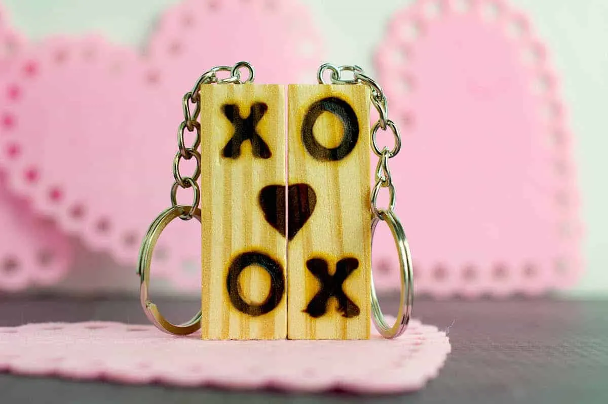 tumbling towers Block Keychain with wood burned letters