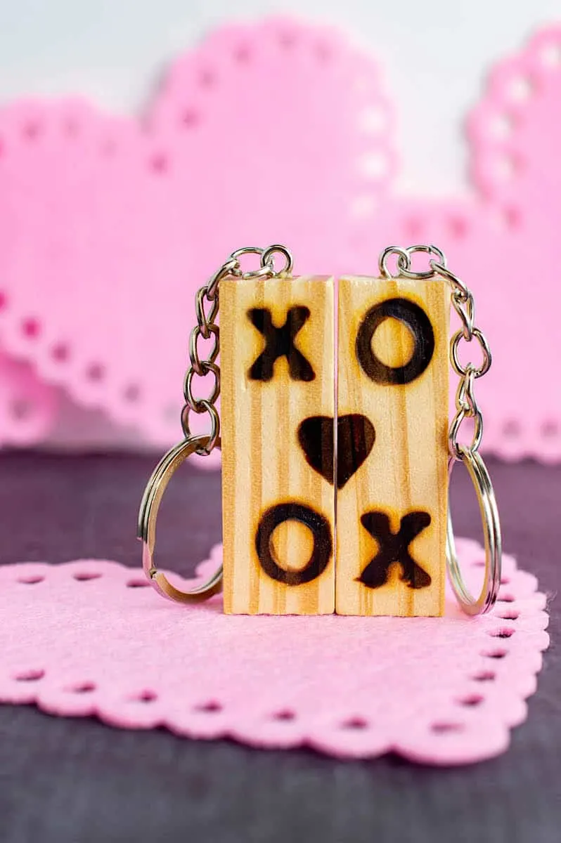 Jenga Block Keychain with pink heart background