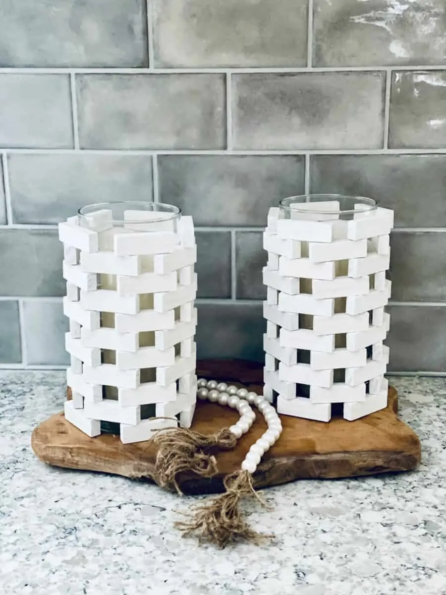 Jenga blocks DIY candle holder on countertop
