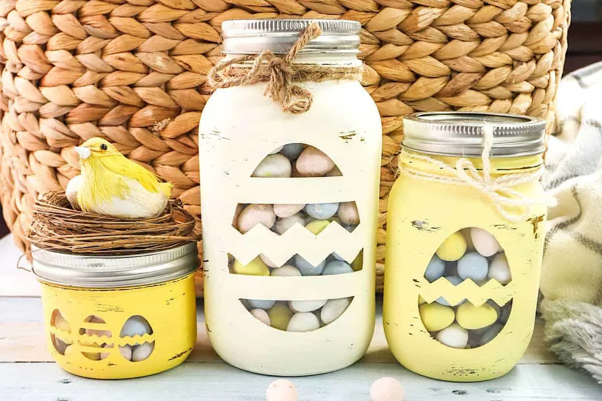 Mason Jar Easter Craft against wicker basket