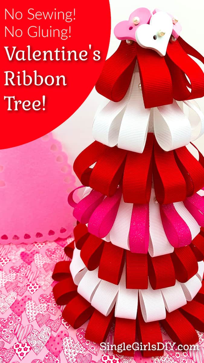 red white and pink ribbon loop tree for Valentines Day