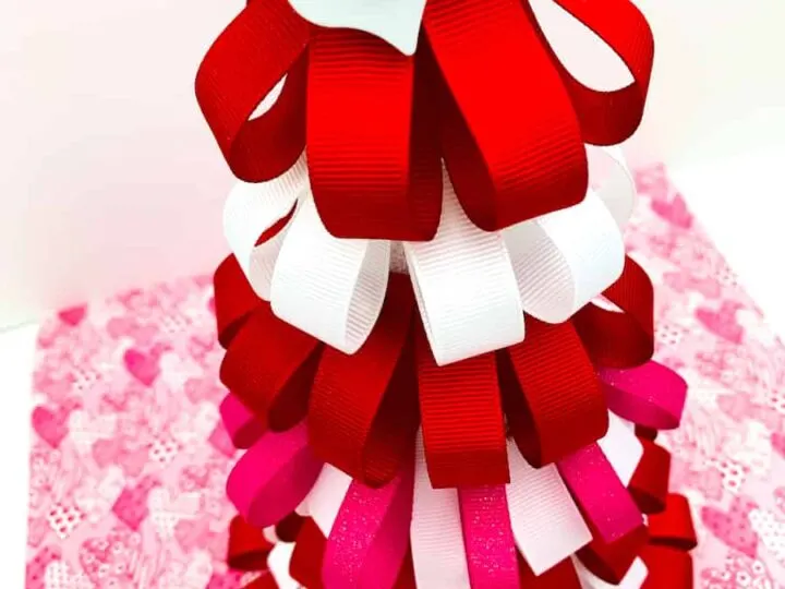 Valentines Day Ribbon Loop Tree on pink heart paper