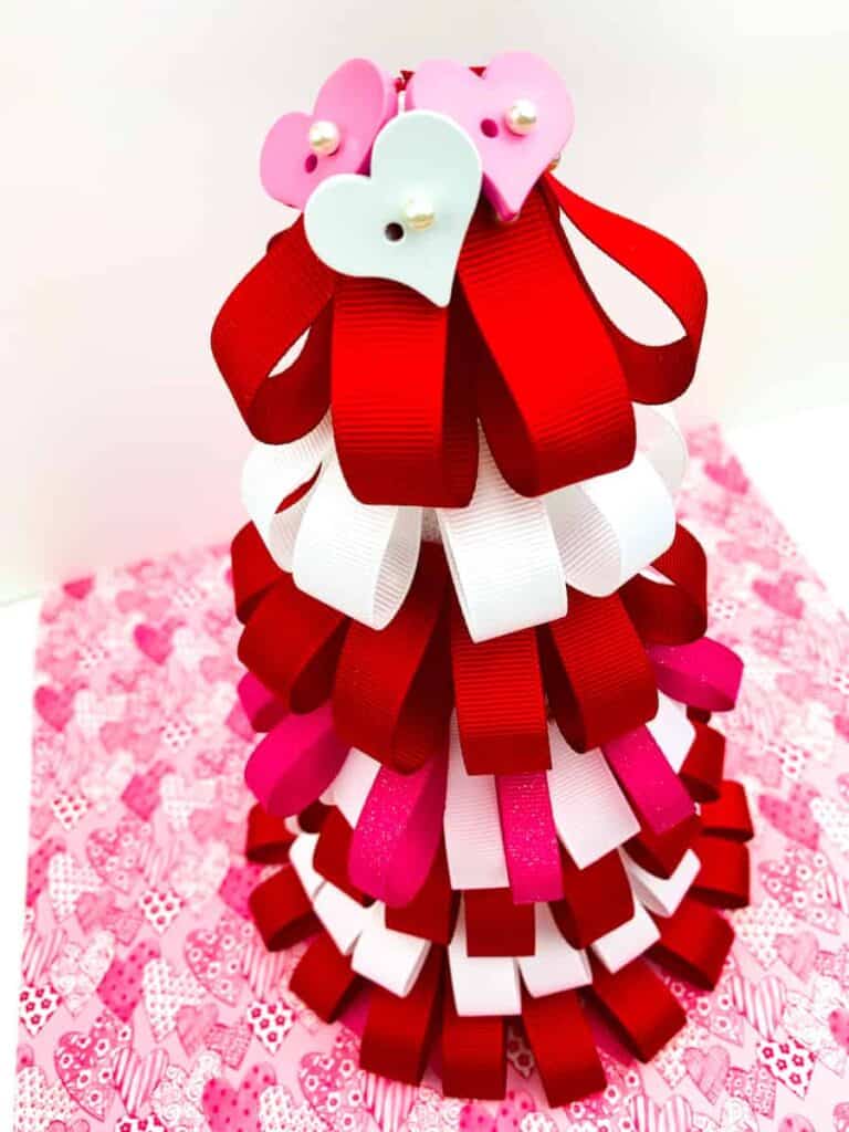 Valentines Day Ribbon Loop Tree on pink heart paper
