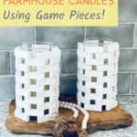 two candleholders made with wooden game pieces from dollar tree
