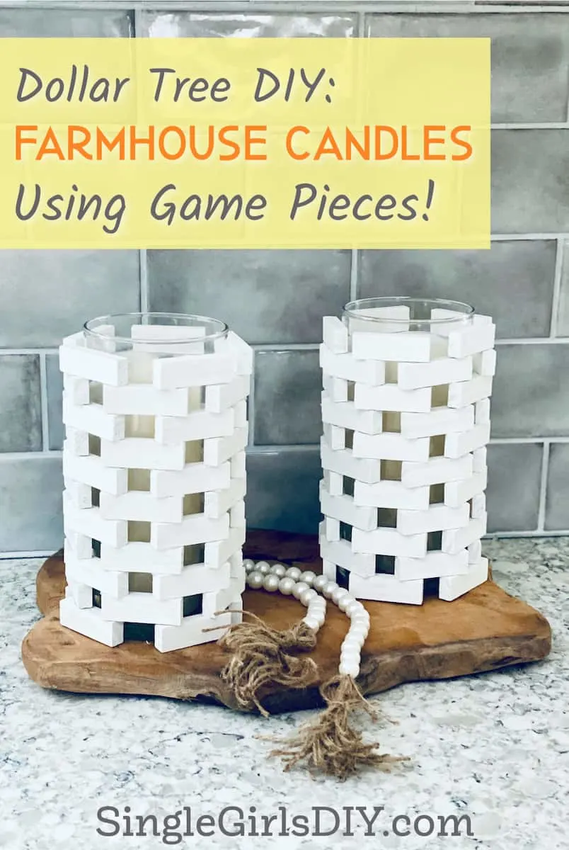 two candleholders made with wooden game pieces from dollar tree