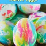 Colorful tie-dye Easter eggs displayed in a wooden bowl with a "how to tie dye Easter eggs" headline.