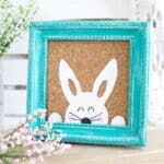 Stenciled Easter Bunny Art on table with flowers