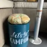 diy popcorn tin storage container under RV table