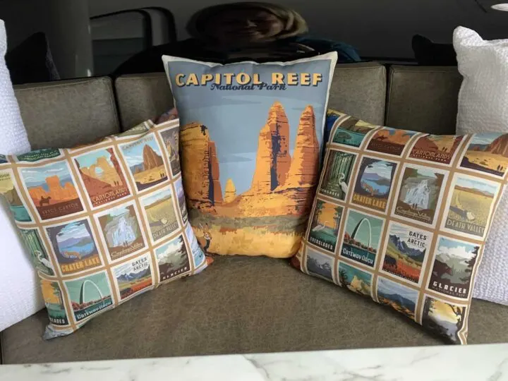 national park pillows on RV dinette