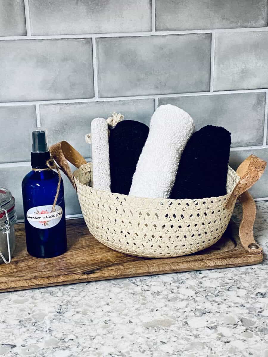 handmade wicker basket with fluffy washcloths