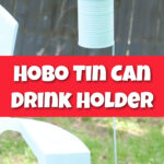 A DIY outdoor drink holder from a tin can, attached to a metal rod, holds a red cup and straw beside a white chair