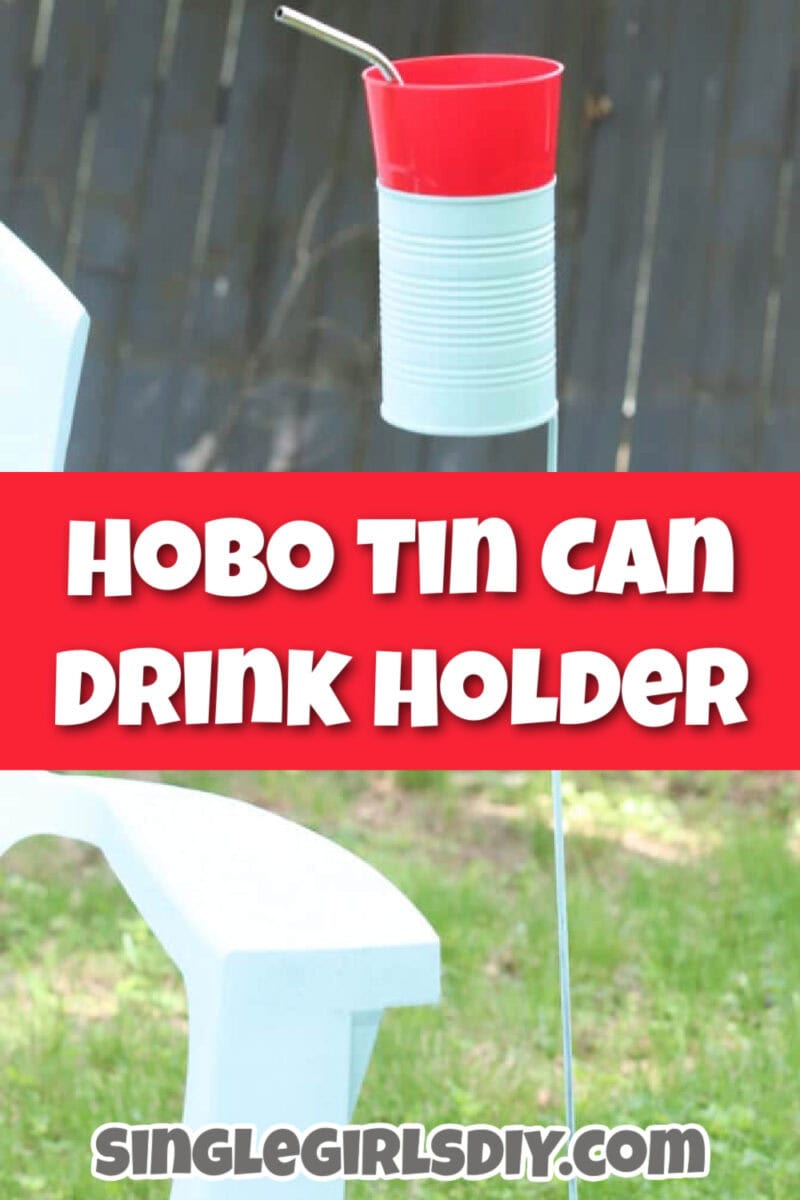 A DIY outdoor drink holder from a tin can, attached to a metal rod, holds a red cup and straw beside a white chair—perfect for relaxing outside.
