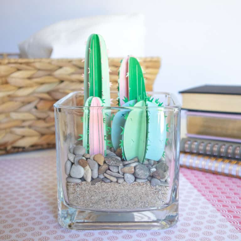 handmade paper cactus terrarium on desk