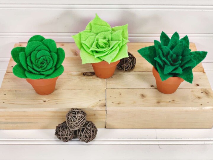 three mini felt succulents in pots