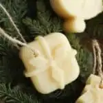 Christmas present beeswax ornament hanging on pine needles