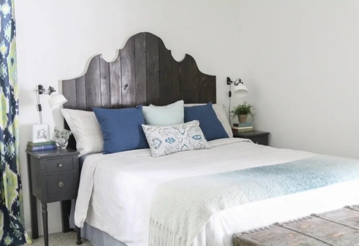 wood slat headboard behind bed