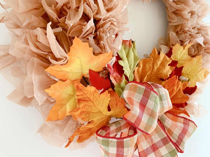 closeup detail of fall wreath made from plastic bags