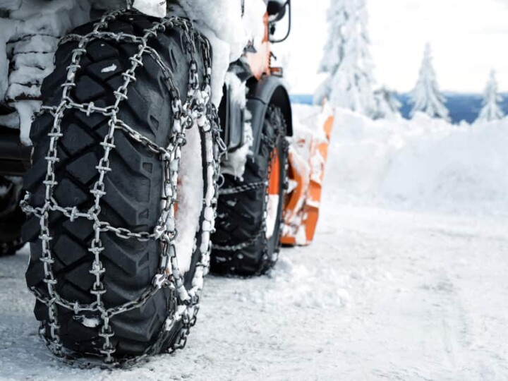 snow chains on tires on icy road