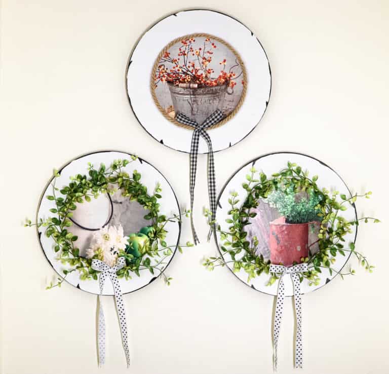 faux enamelware wall decorations made from dollar tree charger plates