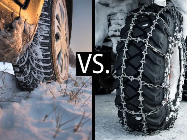 snow tire on left compared to snow chains on a tire on the right hand side of the image