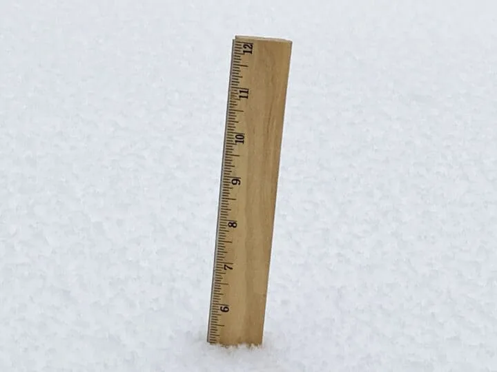 A wooden ruler sticking out of the snow
