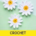 three crochet daisy patterns on green background