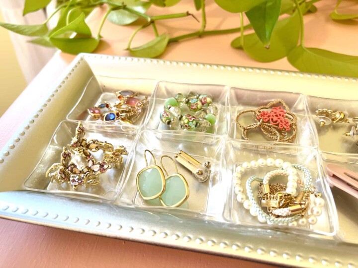 fashion accessories displayed in a DIY jewelry organizer tray