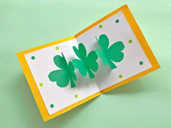 three pop up shamrocks glued to handmade st Patricks day card